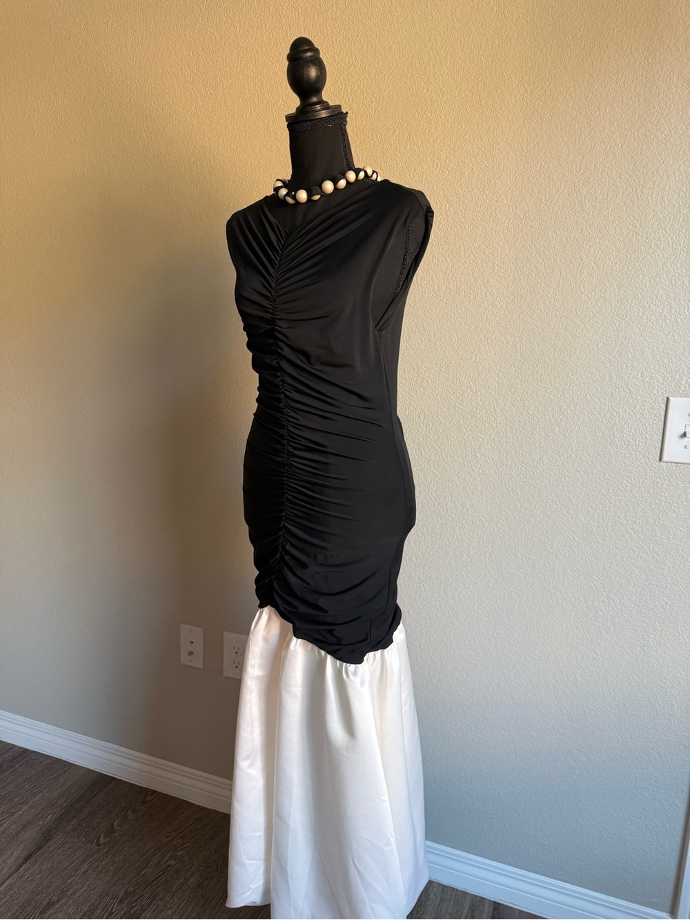 AKIRA Black Ruched Midi Dress with White Contrast Hem